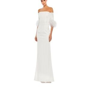 Mac Duggal White Feather Trim Off Shoulder Gown